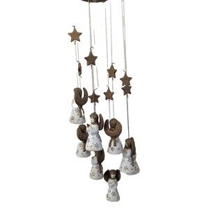 Vintage Rustic Ceramic Angel Mobile With Stars Hand painted Rustic Folk Art